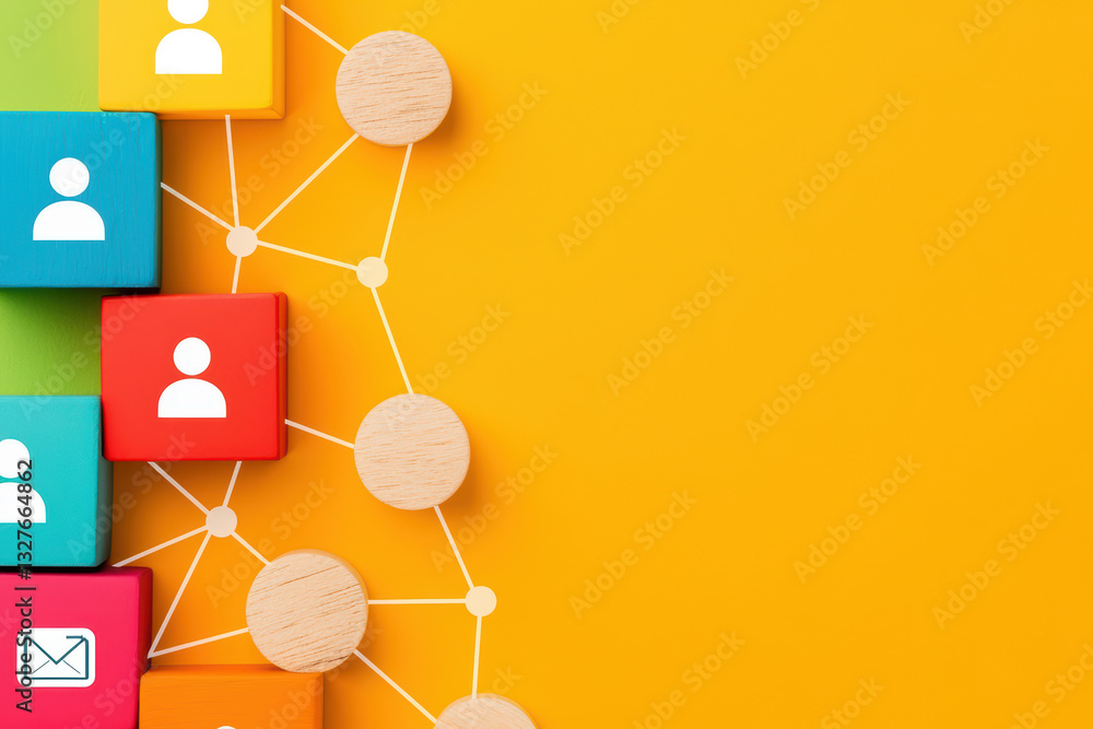 Poster human resources concept with colorful blocks and structured network on bright yellow background