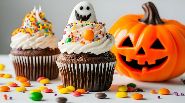 Kue Muffin Halloween Cokelat Topping Hantu dan Labu Jack O Lantern Permen Terisolasi dengan Latar Belakang Putih