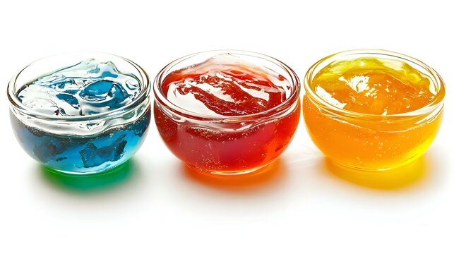 Tiga Mangkuk Jeli Warna-warni Terisolasi pada Latar Belakang Putih