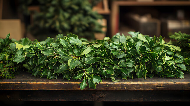 Holly Garland on Wooden Table A Natural Christmas Decoration