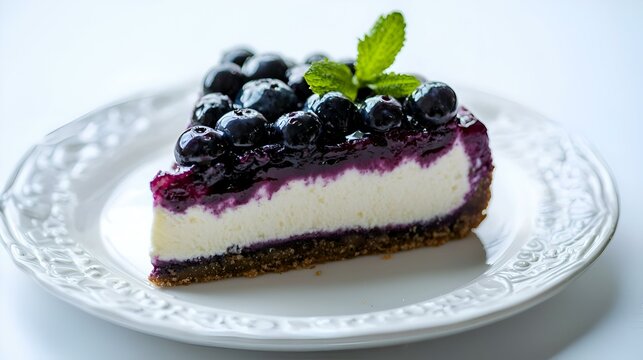 Potongan kue keju blueberry lezat terisolasi dengan latar belakang putih