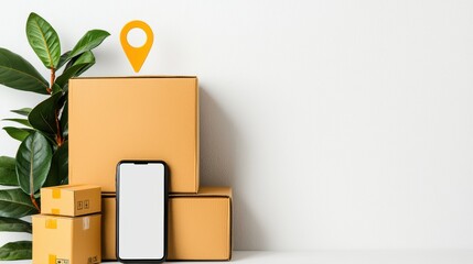 Isolated parcel tracking concept with smartphone and boxes on white background