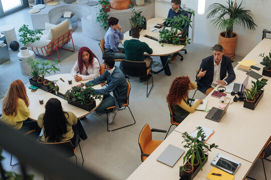 Coworkers collaborating in modern green office space