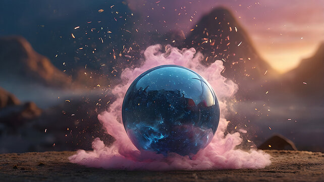 StunningGender Reveal Celebration - Mystical Glowing Orb with Pink and Blue Mist, Ethereal Golden Sparkles in a Dreamy Celestial Environment