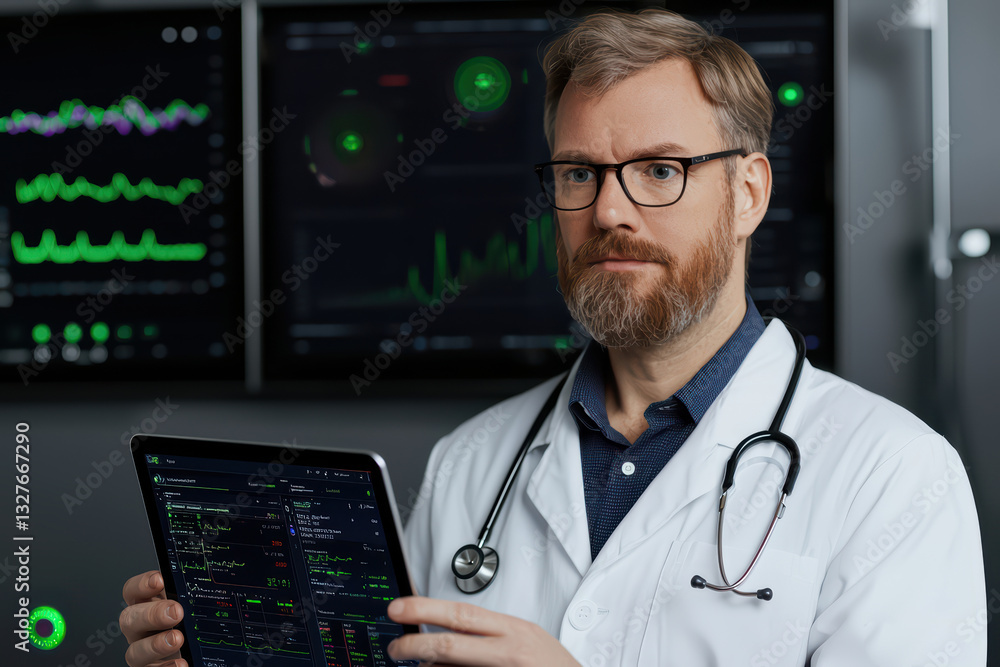 Aufkleber doctor using tablet in modern medical technology innovation setting with health data display