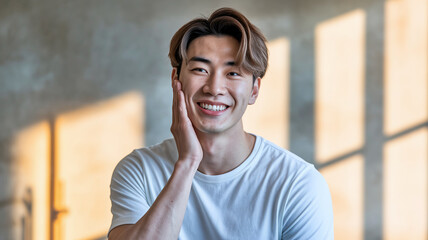 Obraz premium Smiling Asian man in white shirt, hand gently touching face, soft light background, showcasing a calm and approachable demeanor
