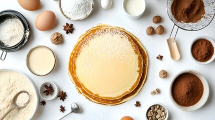 cooking pancake on white background top view
