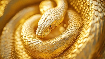 graceful gold snake with textured scales, spiraling around the center of the frame in a luxurious design from a top view, symbolizing wealth and good fortune in Feng Shui, generative AI.