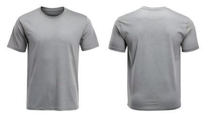 A simple gray shirt displayed from the front and back on a transparent background, showcasing a classic casual design, perfect for mockups, e-commerce, and branding presentations.