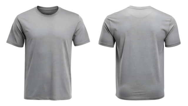 A simple gray shirt displayed from the front and back on a transparent background, showcasing a classic casual design, perfect for mockups, e-commerce, and branding presentations.