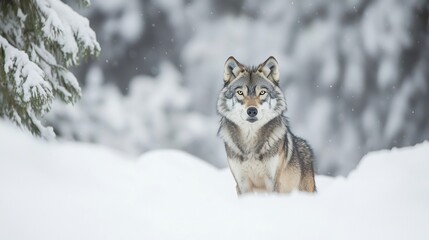 Fototapeta premium Lone grey wolf staring into the camera in a snowy forest its breath visible in the freezing air