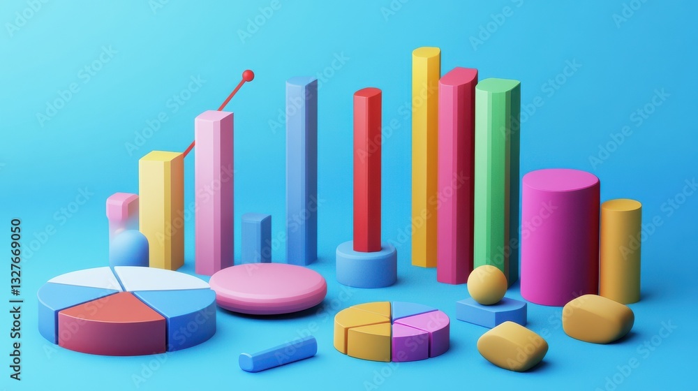 Poster vibrant 3d pie charts and bar graphs representing data analysis and business insights.