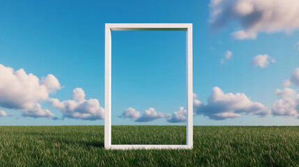 Minimalist white frame on a grassy field under a clear blue sky