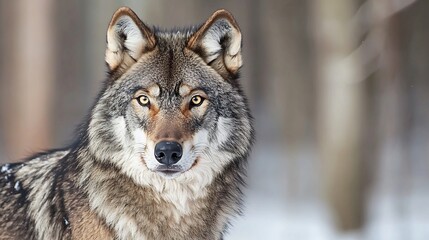 Obraz premium Lone grey wolf staring into the camera in a snowy forest its breath visible in the freezing air