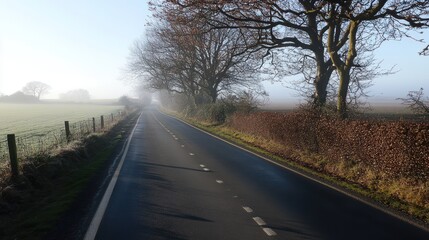 Fototapeta premium Foggy road stretches into the distance flanked by trees