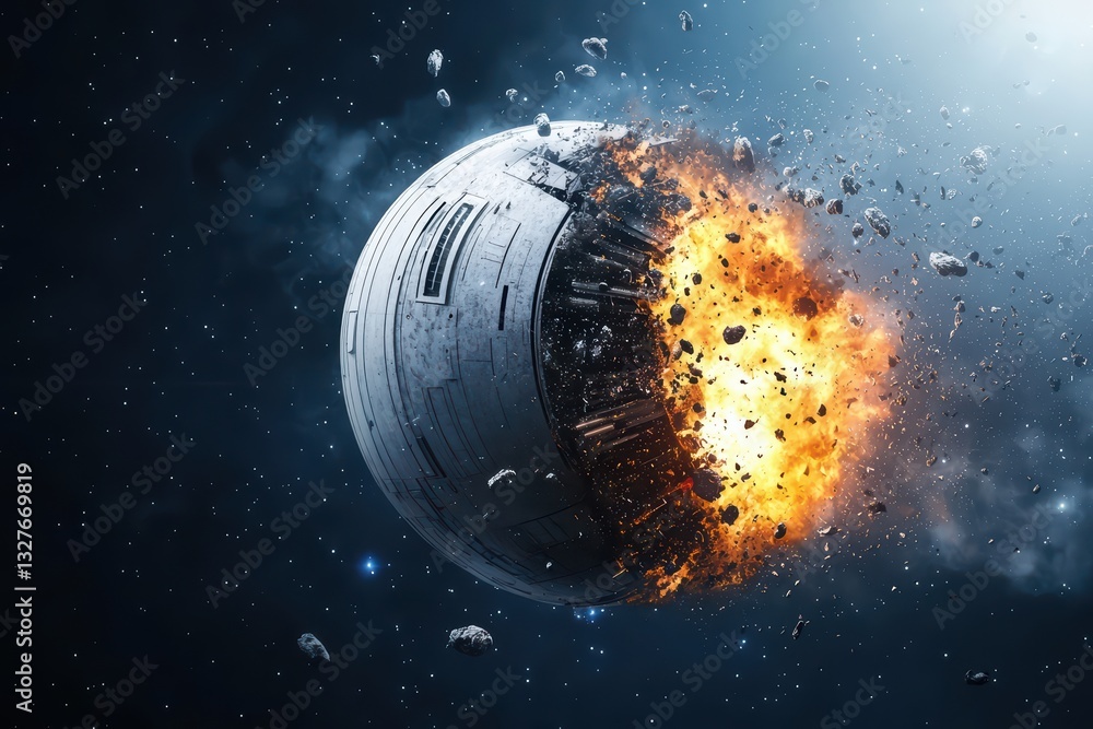 Poster futuristic space mission concept with exploding sphere in outer space