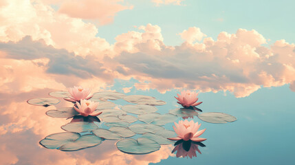 Floating lily pads in the sky, scattered minimalist clouds, gentle pink hue