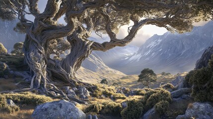 Fototapeta premium Majestic Twisted Tree in Serene Mountain Landscape at Sunrise