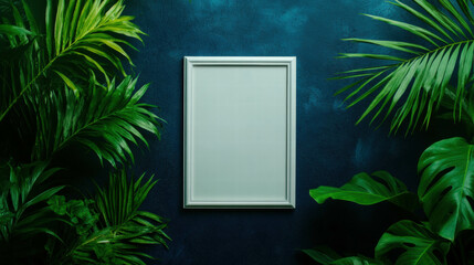 Minimalistic white frame amidst lush greenery on dark teal background