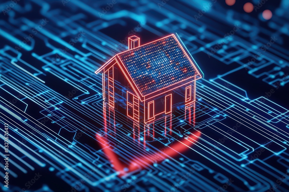 Poster futuristic smart home concept with interface display and digital connections