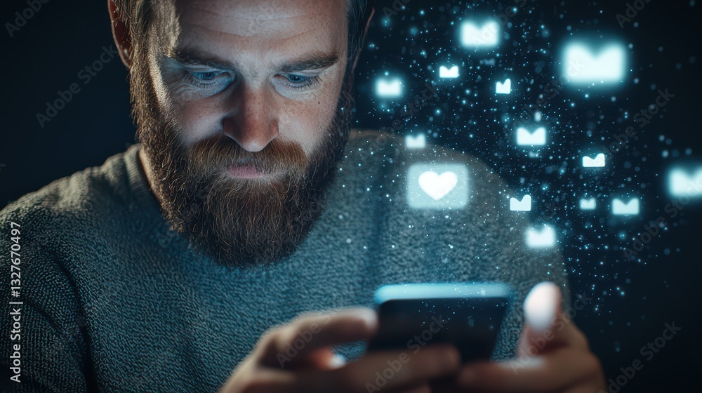 Poster close-up view of person engaging in social interaction through mobile device and digital icons
