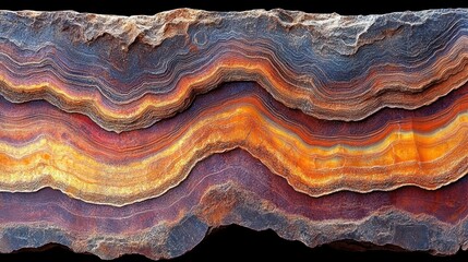 Close-up layered rock slab, vivid colors, geological strata, isolated black background