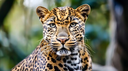 Fototapeta premium Beautiful leopard portrait golden fur intricate rosette markings and a fierce gaze The blurred jungle background enhances its stealthy and elegant presence