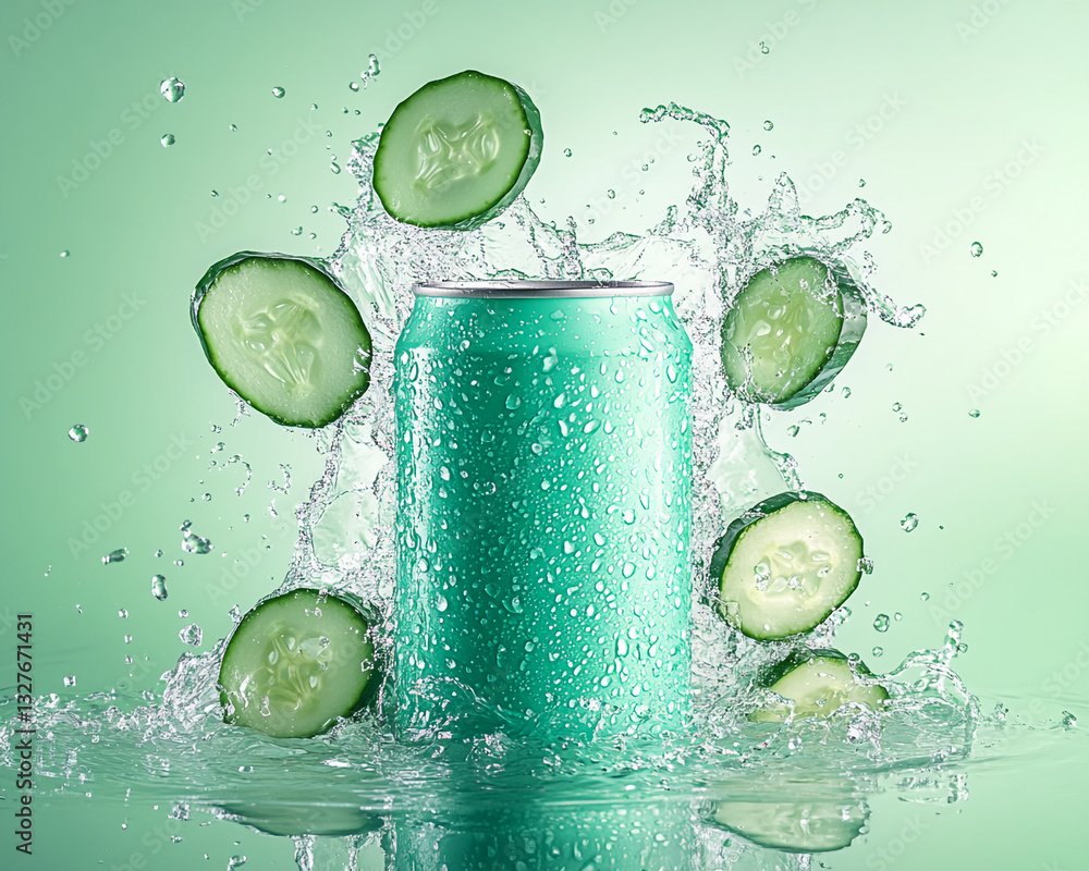 Poster teal can surrounded by splashing water and cucumber slices, showcasing a refreshing drink concept. c