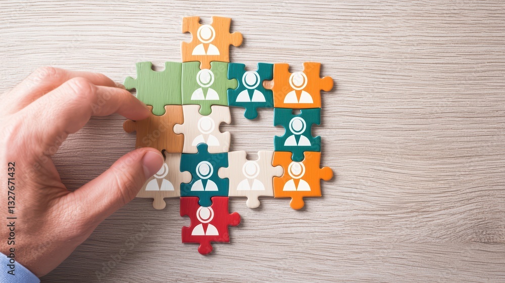 Poster team building concept with colorful puzzle pieces representing collaboration and unity