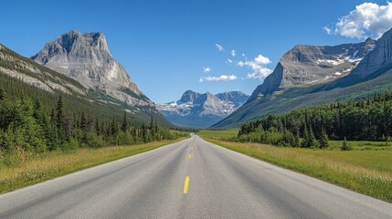 Scenic Mountain Road Through Lush Green Valley Under Blue Sky