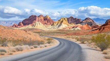 Scenic Road Curving Through Colorful Desert Landscape in Nature