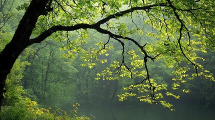 Fototapeta premium A Rain Soaked Forest Scene With Lush Green Foliage