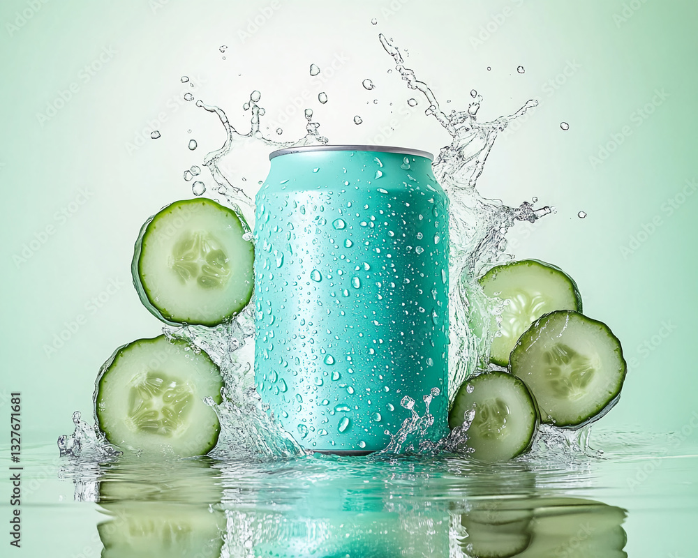 Leinwandbilder teal can submerged in water, surrounded by cucumber slices creating a refreshing splash the image sh