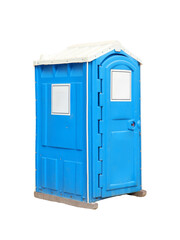Bright blue mobile plastic toilet stands isolated against a white backdrop, offering a convenient...