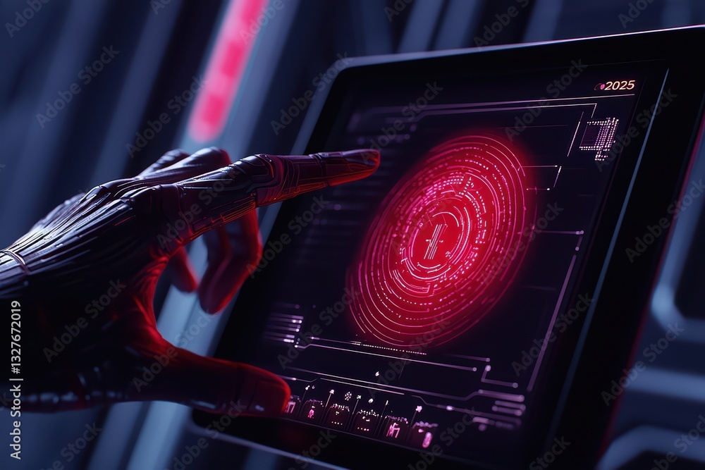 Poster hand interacting with futuristic digital display in high-tech environment with glowing elements