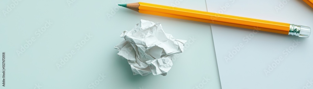 Poster crumpled papers and pencil on desk representing failed project concept from top view perspective