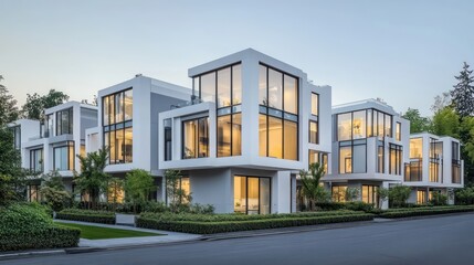 Obraz premium A modern row of townhouses featuring white and light gray exteriors, with expansive glass windows and a minimalist design