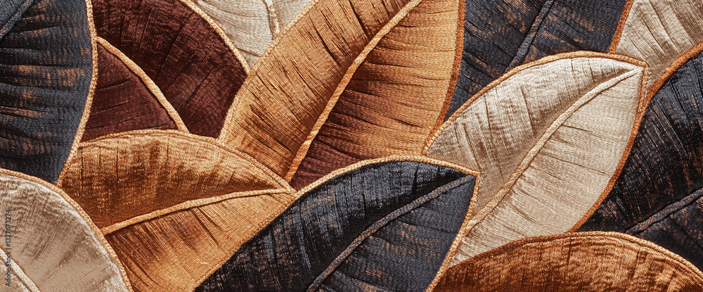 Poster close-up of embroidered fabric with leaf pattern in brown, beige, and black hues, showcasing intrica