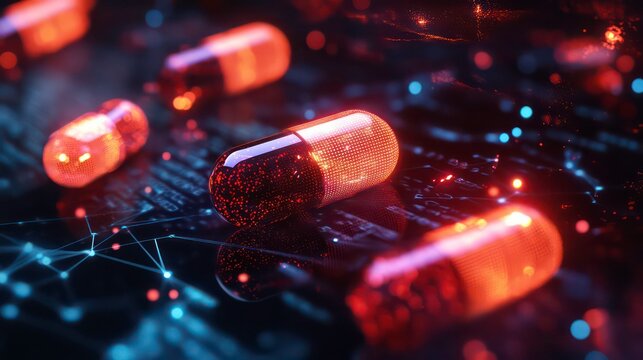 Digital illustration of cloud computing integrated with pharmaceutical technology, featuring glowing pills and data connections on a dark background.