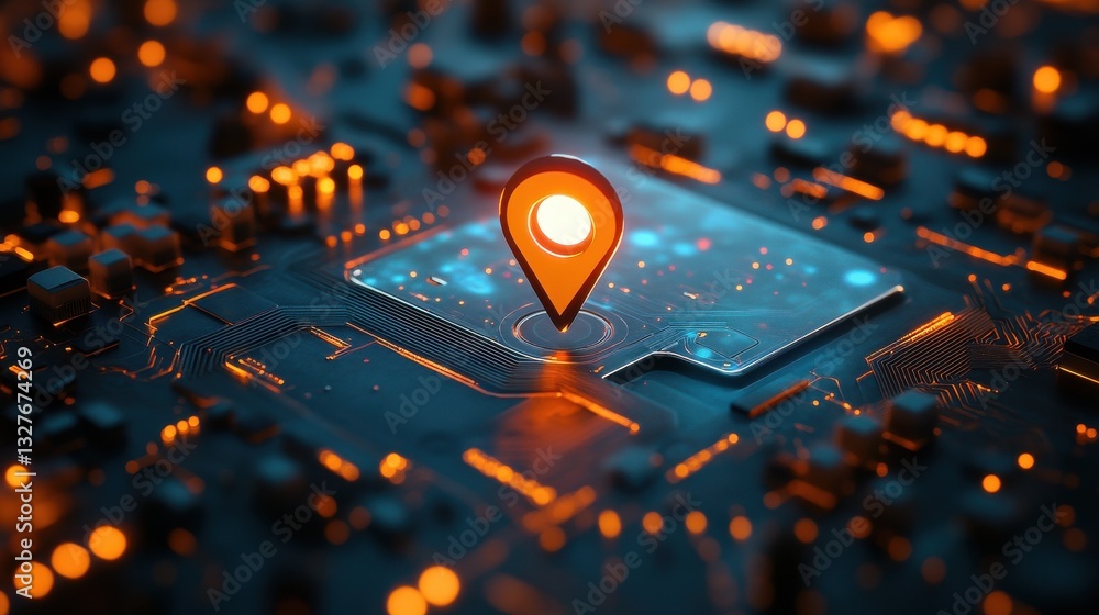 Poster digital map with glowing location pin on a circuit board background, concept of navigation and techn