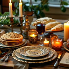 Naklejka premium Pesach celebration, Passover Seder table, ornate Seder plate with symbolic foods, handmade matzah, glowing candles, wine for Elijah, and a Haggadah open to the story of Exodus, festive