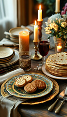 Naklejka premium Pesach celebration, Passover Seder table, ornate Seder plate with symbolic foods, handmade matzah, glowing candles, wine for Elijah, and a Haggadah open to the story of Exodus, festive