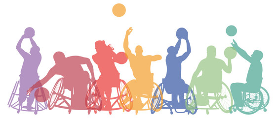 Silhouettes of disabled athletes.Set of color silhouettes of basketball players in wheelchairs.Vector illustration.