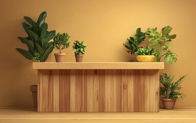 Rustic-style reception counter with warm wooden tones and potted plants, isolated on a cozy interior background