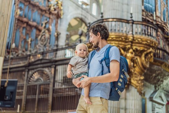 Father and his son tourists exploring the Metropolitan Cathedral in Mexico City. Woman admiring the architecture and history of Mexico's iconic landmark. Concept of cultural heritage, religious