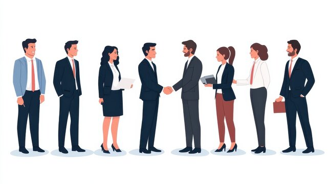 Linear vector illustration set of negotiating business people. Diverse men and women at business meetings, conclude an agreement, agree on cooperation, negotiate, shake hands, sell goods and services