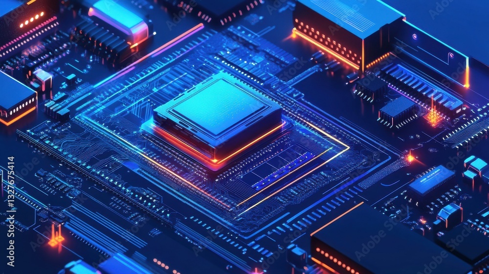 Poster futuristic vector illustration of a blue circuit board with intricate digital tech elements. compute