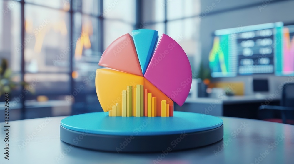 Poster a vibrant 3d pie chart with colorful segments rising from the surface, symbolizing financial data, s