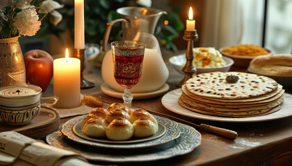 Naklejka premium Pesach celebration, Passover Seder table, ornate Seder plate with symbolic foods, handmade matzah, glowing candles, wine for Elijah, and a Haggadah open to the story of Exodus, festive