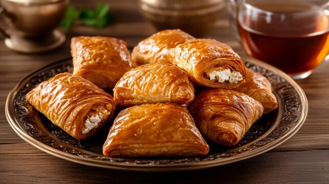 Delicious golden Maltese pastizzi filled with creamy ricotta served warm on a rustic plate alongside a cup of tea in a Mediterranean setting